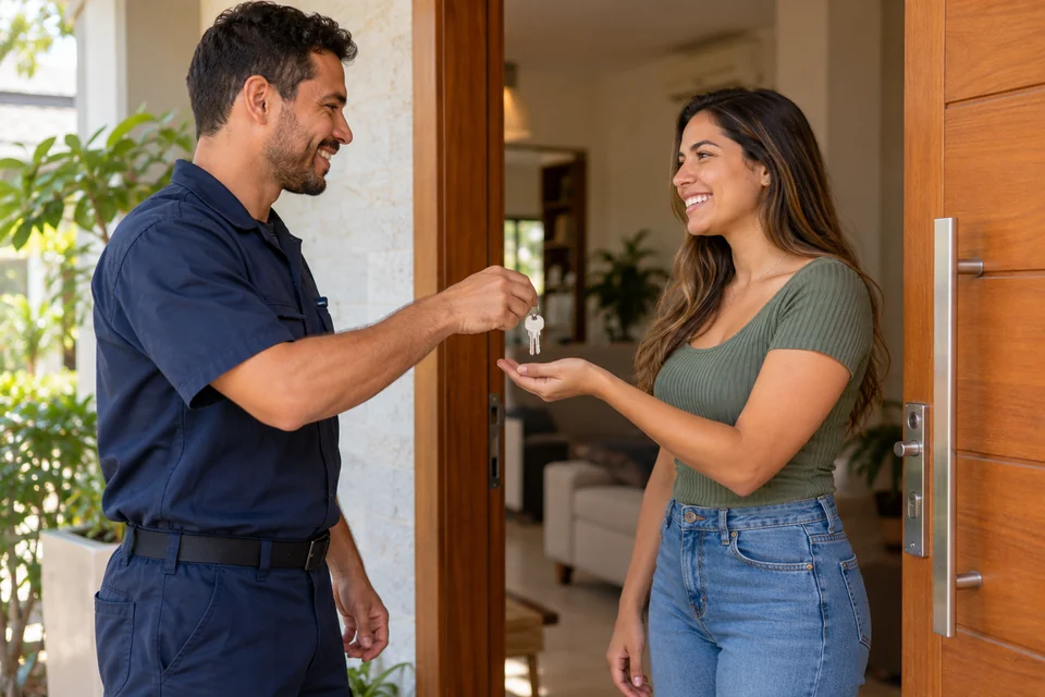 Foto ilustrativa de um chaveiro entregando uma chave a uma cliente na entrada de casa
