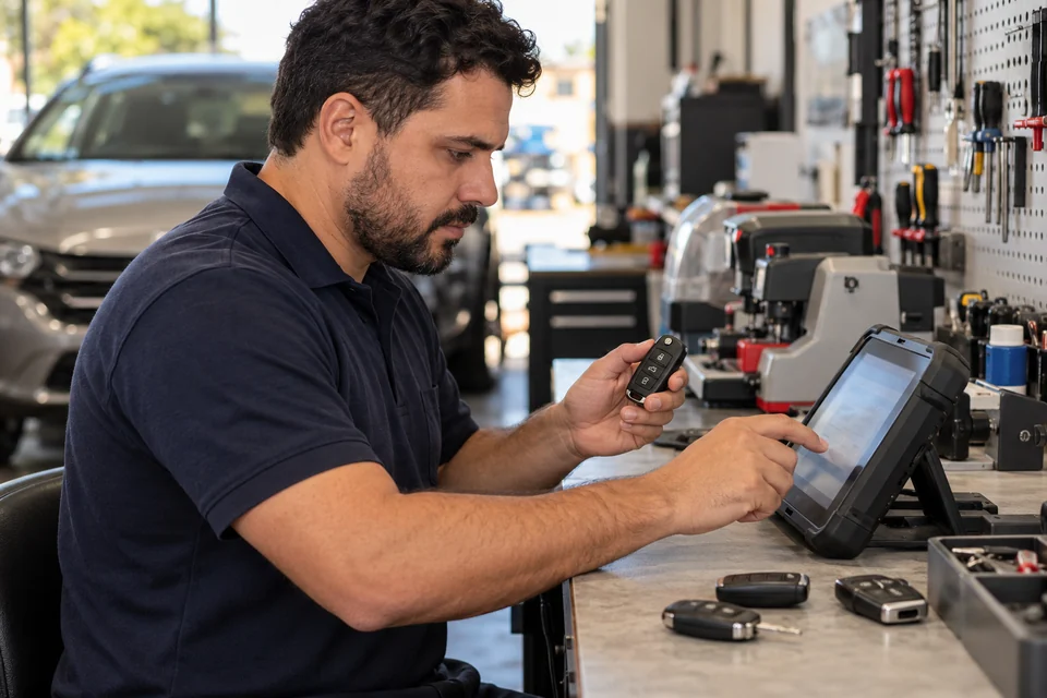 Foto ilustrativa de um técnico com uma chave automotiva e equipamento de diagnóstico