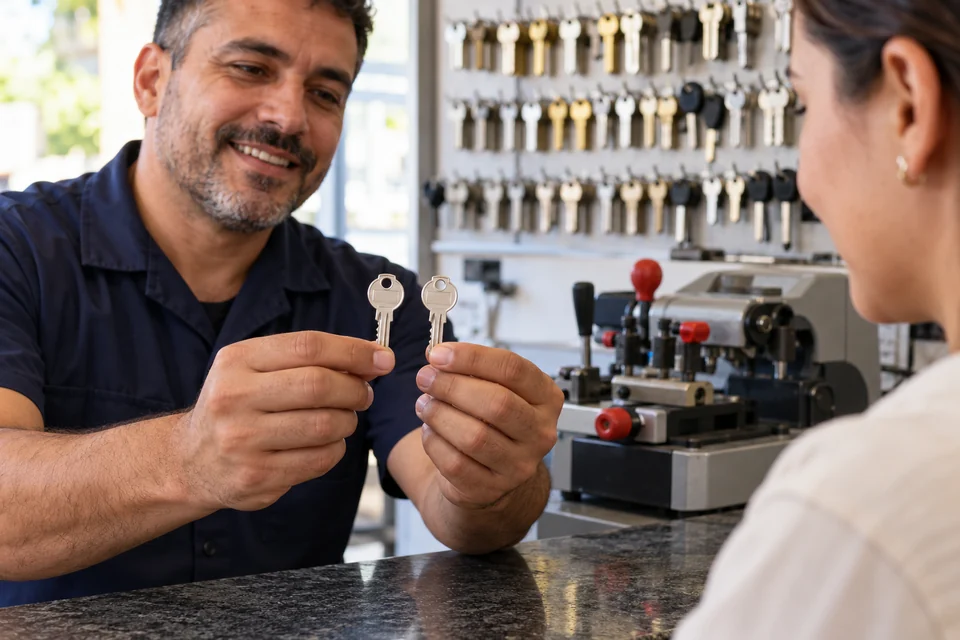Foto ilustrativa de um chaveiro mostrando duas cópias de chave em uma oficina